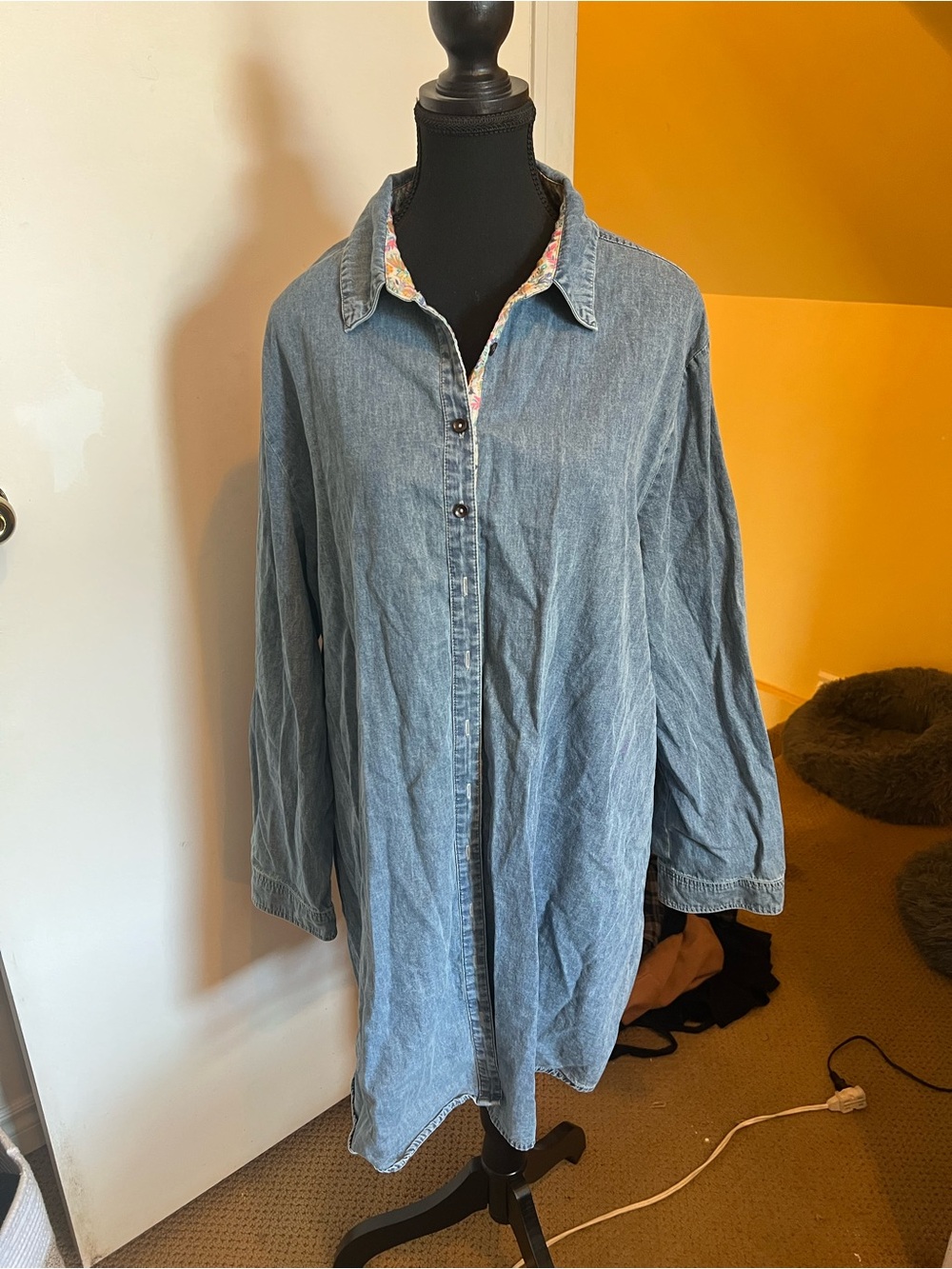 NATURAL LIFE Light Wash Denim Top with Floral Trim